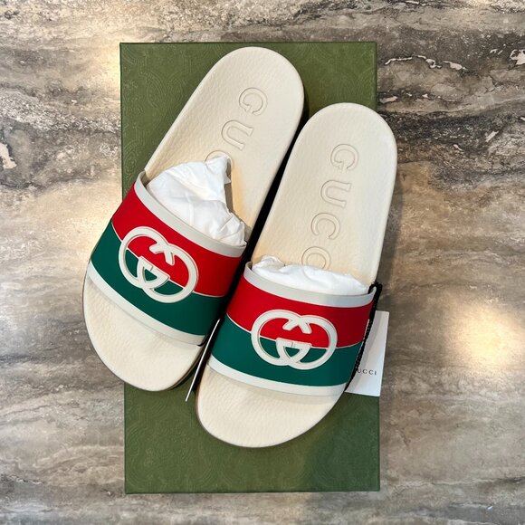 NIB 100% Authentic Gucci Interlocking GG Slides Red White Green $450 - Picture 1 of 9